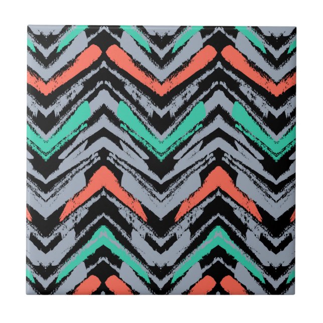 Grey, Teal, And Coral Hand Drawn Chevron Pattern Tile (Front)