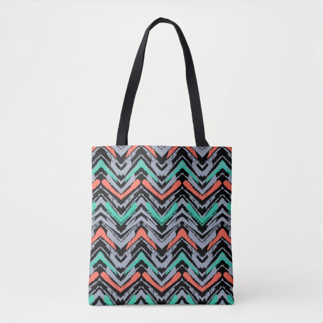 Grey, Teal, And Coral Hand Drawn Chevron Pattern Tote Bag (Front)