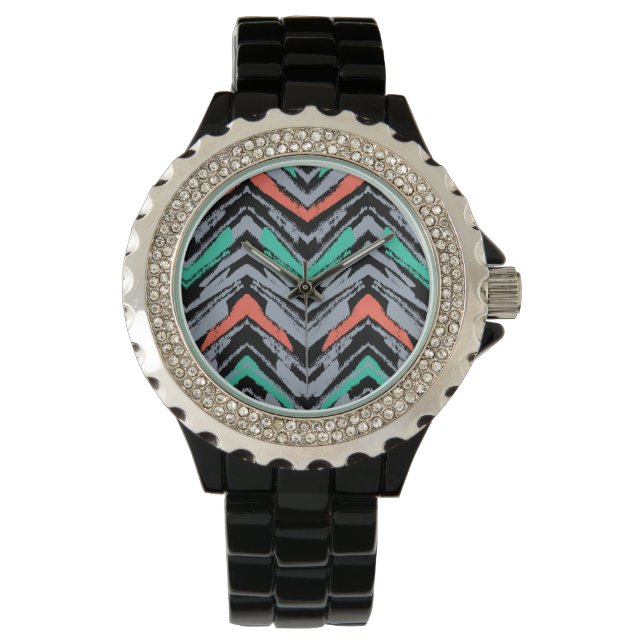 Grey, Teal, And Coral Hand Drawn Chevron Pattern Watch (Front)