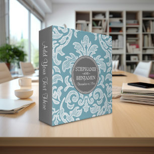Grey & Teal Blue Damask Pattern Wedding Binder
