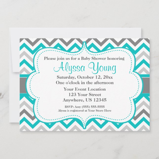 Grey Teal Chevron Invitation (Front)