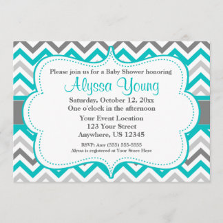Grey Teal Chevron Invitation