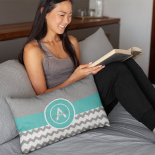 Grey Teal Chevron Lumbar Pillow