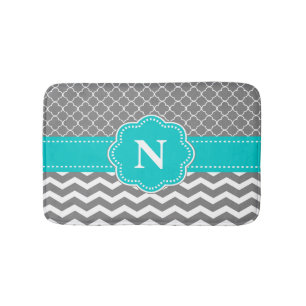 Grey Teal Chevron Monogram Bathmat