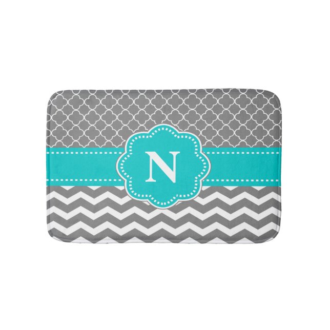 Grey Teal Chevron Monogram Bathmat (Front)