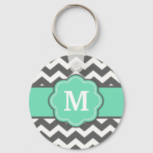 Grey Teal Chevron Monogram Key Chain