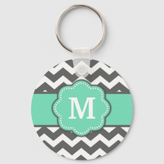 Grey Teal Chevron Monogram Key Chain (Front)