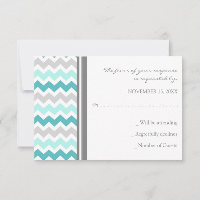 Grey Teal Chevron RSVP Wedding Card (Front)