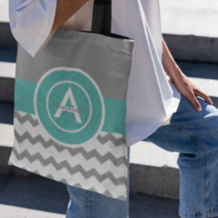 Grey Teal Chevron Tote Bag