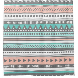 Grey Teal Coral Tribal Pattern Shower Curtain