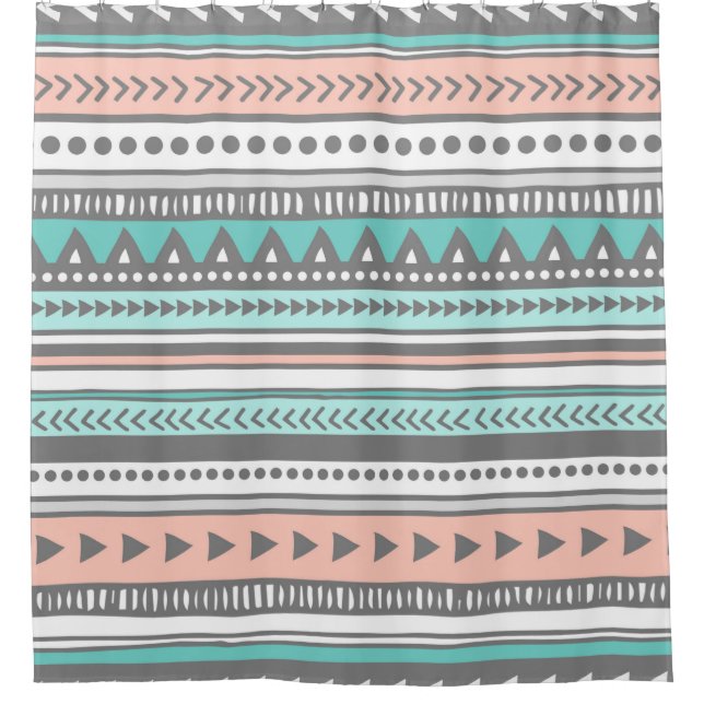 Grey Teal Coral Tribal Pattern Shower Curtain (Front)