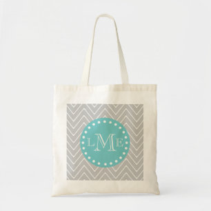 Grey & Teal Modern Chevron Custom Monograms Tote Bag
