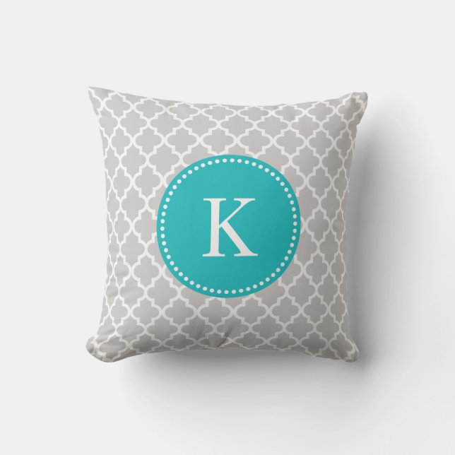 Grey Teal Moroccan Pattern & Monogram Throw Pillow (Front)