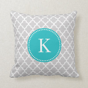 Grey Teal Moroccan Pattern & Monogram Throw Pillow
