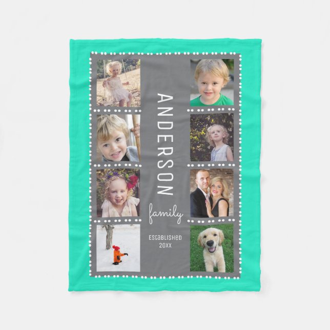 Grey & Teal Photo Collage Family Name Fleece Blanket (Front)