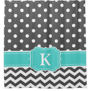Grey Teal Polka Dots Chevron Monogram Initials