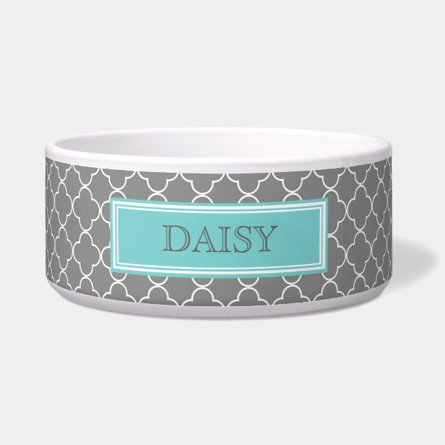 Grey Teal Quatrefoil Custom Name Dog Bowl (Front)