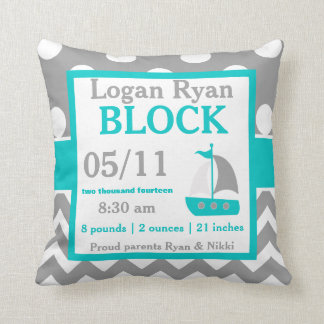 Grey Teal Sailboat Baby Announcement Pillow
