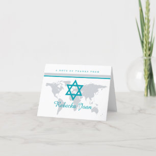 Grey Teal Star of David Bat Mitzvah World Map Thank You Card