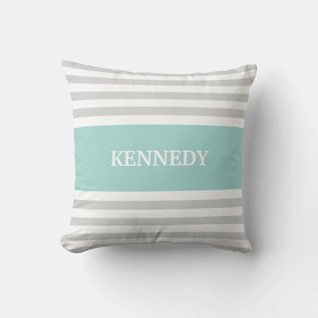 Grey Teal Stripes Monogram Throw Pillow (Front)