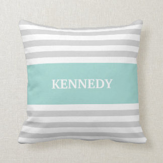 Grey Teal Stripes Monogram Throw Pillow