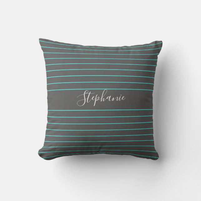 Grey Teal Thin Stripes Patterns White Custom Name Outdoor Pillow (Front)