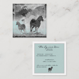 grey teal watercolor horses square business card