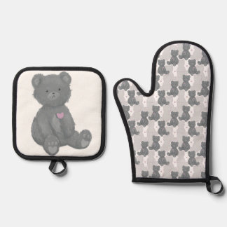 Grey teddy bear pattern, pink heart, silhouette oven mitt & pot holder set