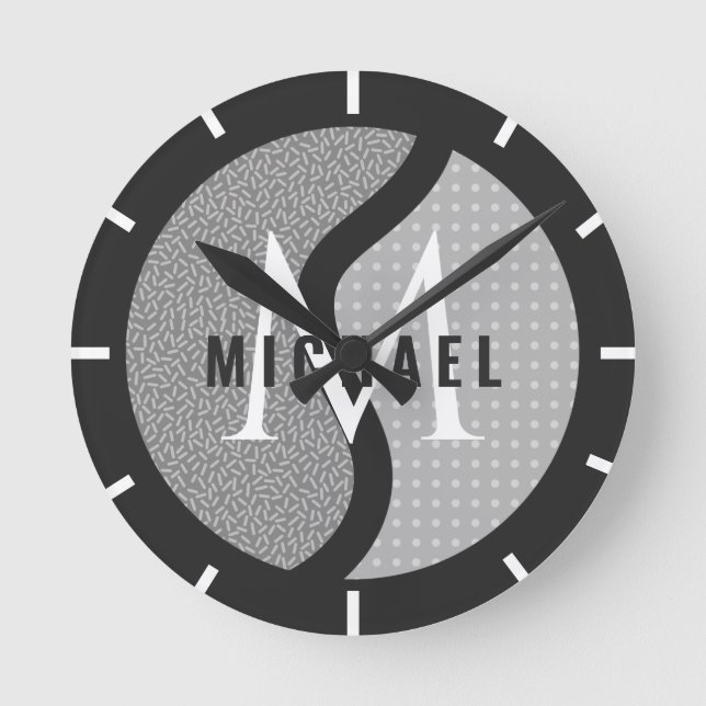 Grey Tennis Ball Initial & Name Boys Bedroom Black Round Clock (Front)