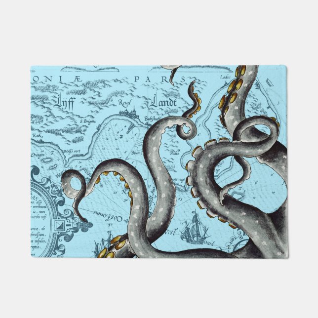 Grey Tentacles On Blue Vintage Map Doormat (Front)