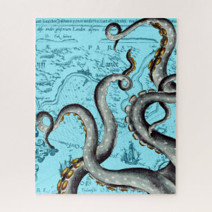 Grey Tentacles On Blue Vintage Map Jigsaw Puzzle