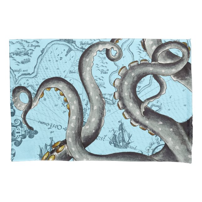 Grey Tentacles On Blue Vintage Map Pillowcase (Front)