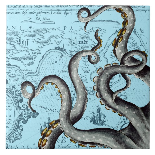 Grey Tentacles On Blue Vintage Map Tile (Front)