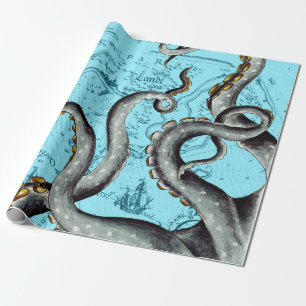 Grey Tentacles On Blue Vintage Map Wrapping Paper