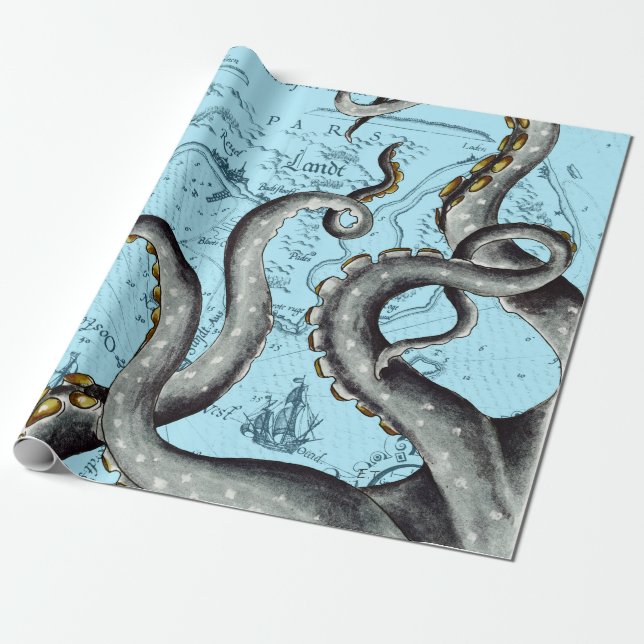 Grey Tentacles On Blue Vintage Map Wrapping Paper (Unrolled)