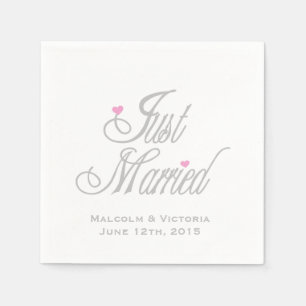 Grey Text Just Married Personalized Paper  Napkins