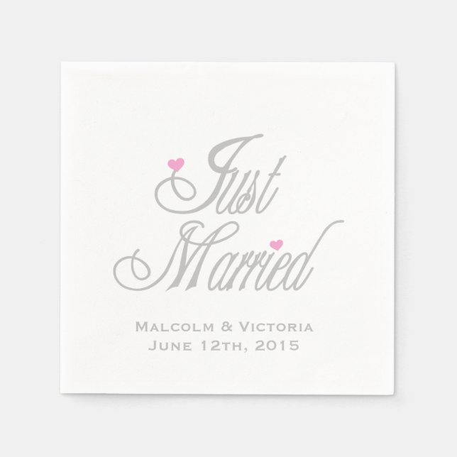 Grey Text Just Married Personalized Paper  Napkins (Front)
