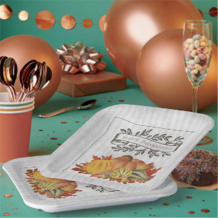 Grey Thanksgiving Pumpkins and Squash Paper Plate