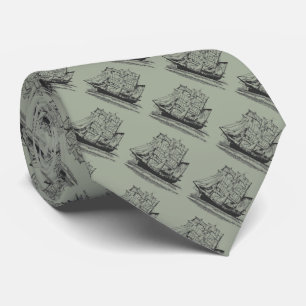 Grey Tie with Black Vintage Sailing Ship