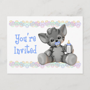 Grey Tiger Kitten Blue Baby Shower Invitation Postcard