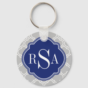 Grey Tile Lattice Pattern Blue Monogram Keychain