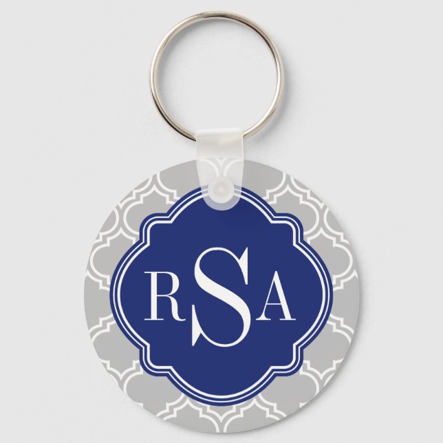 Grey Tile Lattice Pattern Blue Monogram Keychain (Front)