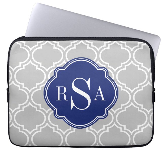 Grey Tile Lattice Pattern Blue Monogram Laptop Sleeve (Front)