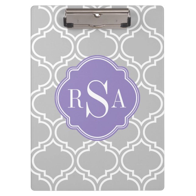 Grey Tile Lattice Pattern Lavender Monogram Clipboard (Front)