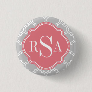 Grey Tile Lattice Pattern Pink Monogram 1 Inch Round Button