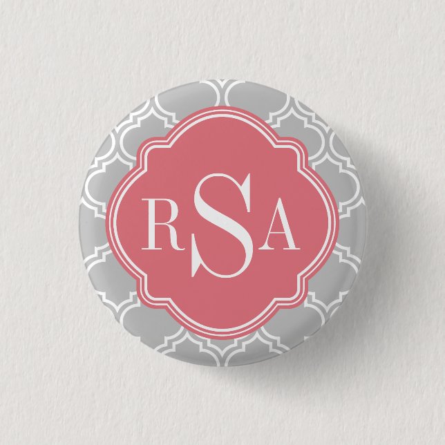Grey Tile Lattice Pattern Pink Monogram 1 Inch Round Button (Front)