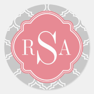 Grey Tile Lattice Pattern Pink Monogram Classic Round Sticker
