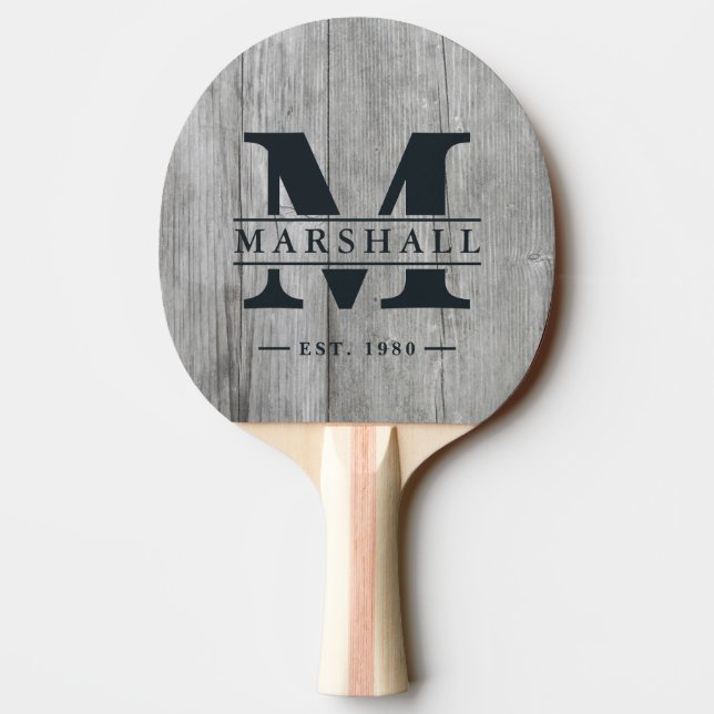 Grey Timber Monogram & Name Overlay Ping Pong Paddle (Back)