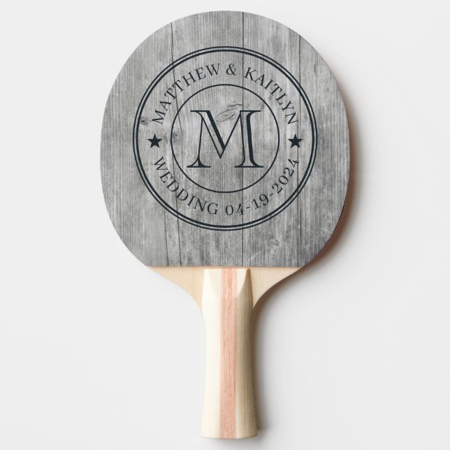 Grey Timber Wedding Monogram Star Ping Pong Paddle (Front)
