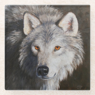 Grey Timber Wolf Face Glass Coaster